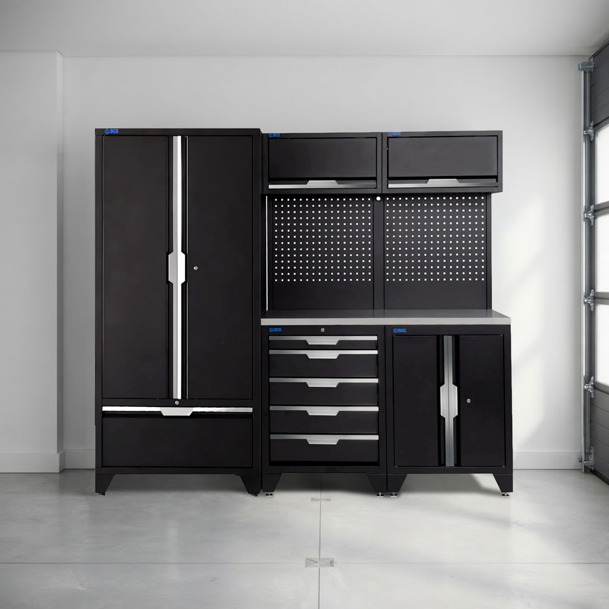 SGS 7pc Modular Garage Storage | 5 Drawers | Stainless Steel Worktop | Tall Double Cabinet with Drawer | 2x Upper Cabinets